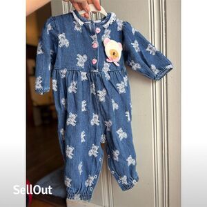 Busterbrown 12M Vintage Denim Romper Teddy Bear Embroidered Blue